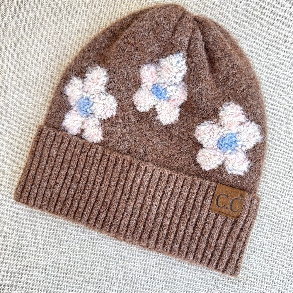 CC Knit Beanie Size OS Brown Floral Hat Cozy Cottagecore Winter Kidcore Cute